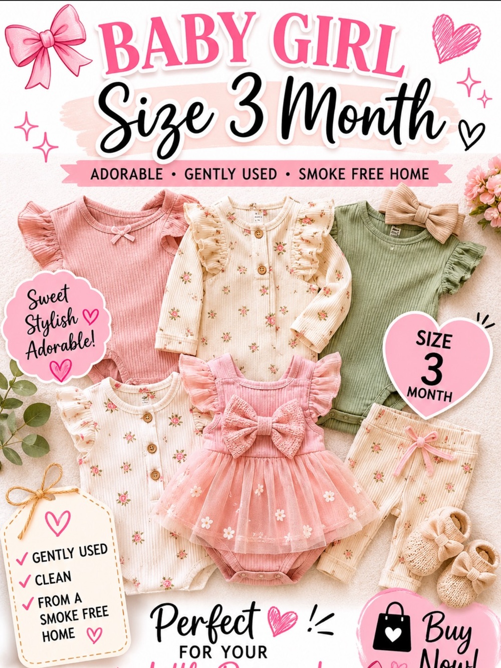 Baby Girl 3 Month Pink Floral & Ribbed Layette Set